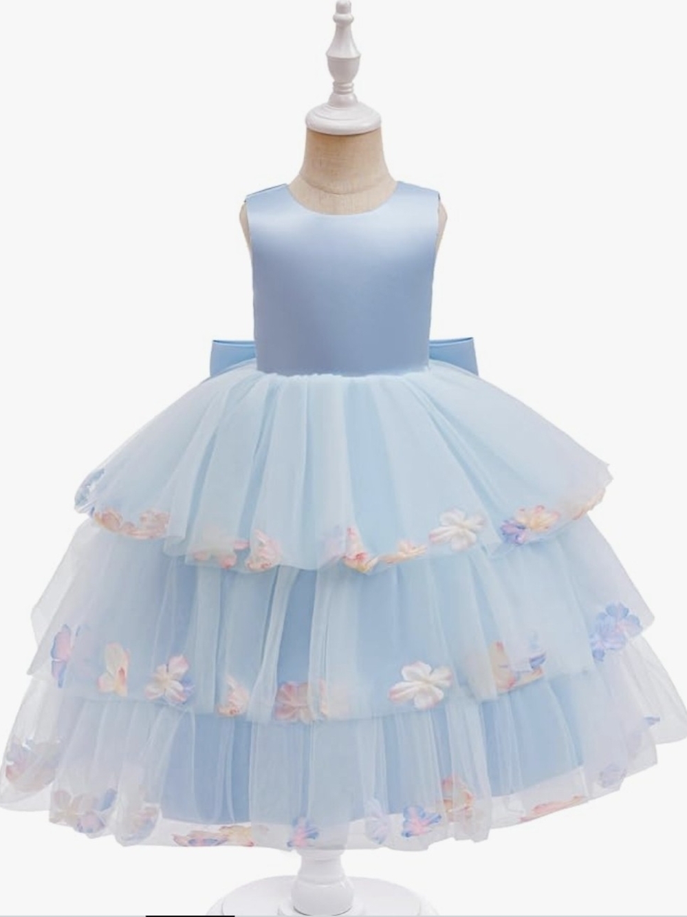 Light Blue Floral Tiered Tulle Girls Party Dress